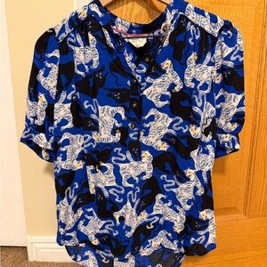 Anthropologie Emily Isabella Blue and Black Jaguar Top